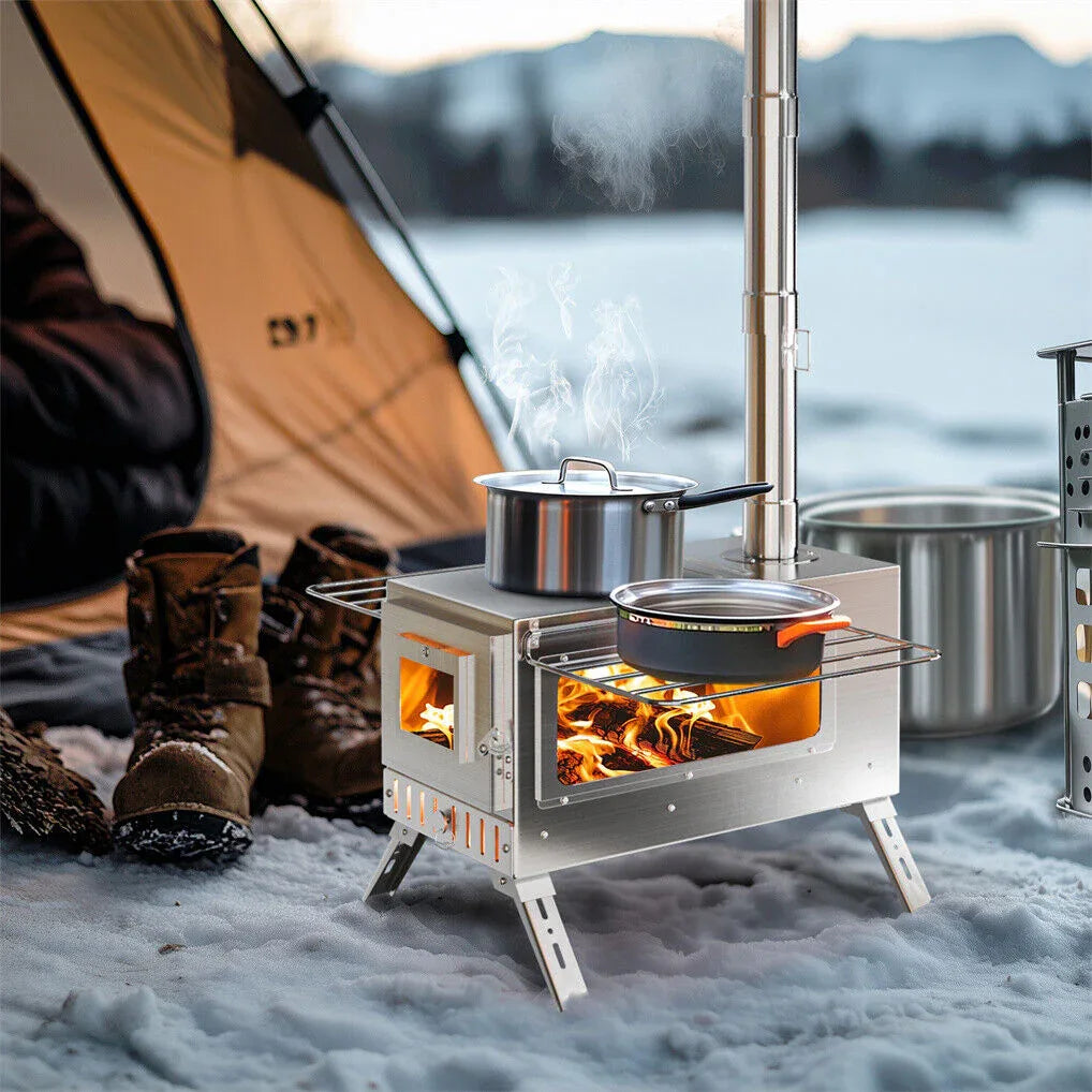 Stainless Steel Wood Burning Stove 1 Burner Camping BBQ with Chimney - Mekamart Australia