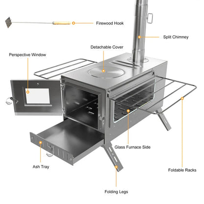Stainless Steel Wood Burning Stove 1 Burner Camping BBQ with Chimney - Mekamart Australia
