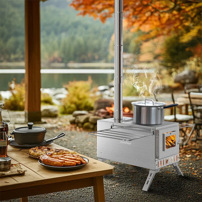 Stainless Steel Wood Burning Stove 1 Burner Camping BBQ with Chimney - Mekamart Australia