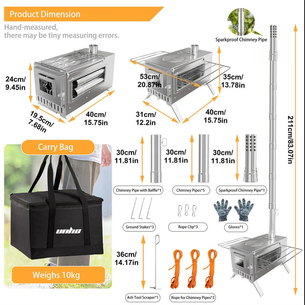 Stainless Steel Wood Burner Stove for Camping w/ Chimney & Bag - Mekamart Australia