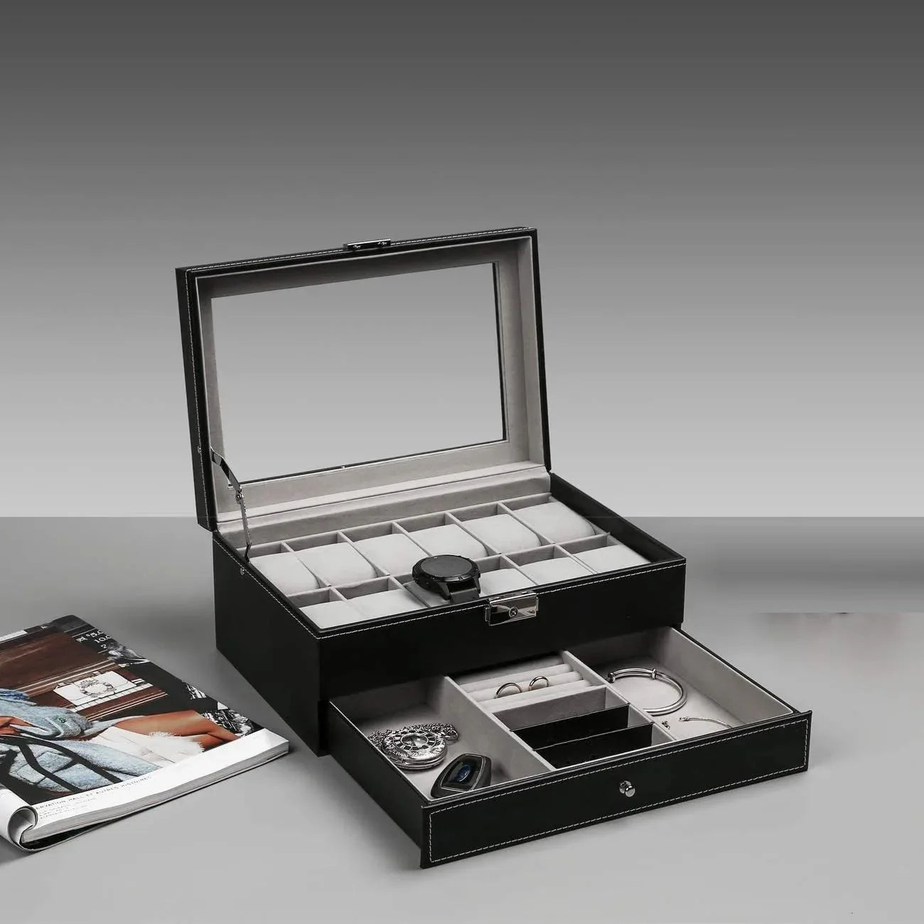 12 Slot PU Leather Lockable Watch and Jewelry Storage Boxes (Black) - Mekamart Australia