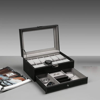 12 Slot PU Leather Lockable Watch and Jewelry Storage Boxes (Black) - Mekamart Australia