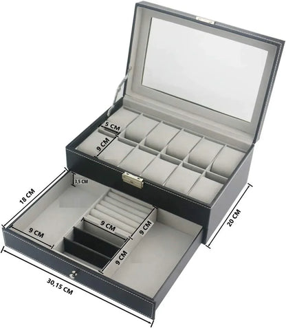 12 Slot PU Leather Lockable Watch and Jewelry Storage Boxes (Black) - Mekamart Australia