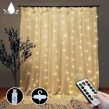 300 LEDs Window Curtain Fairy Lights 8 Modes and Remote Control for Bedroom (Warm White, 300 x 300cm) - Mekamart Australia