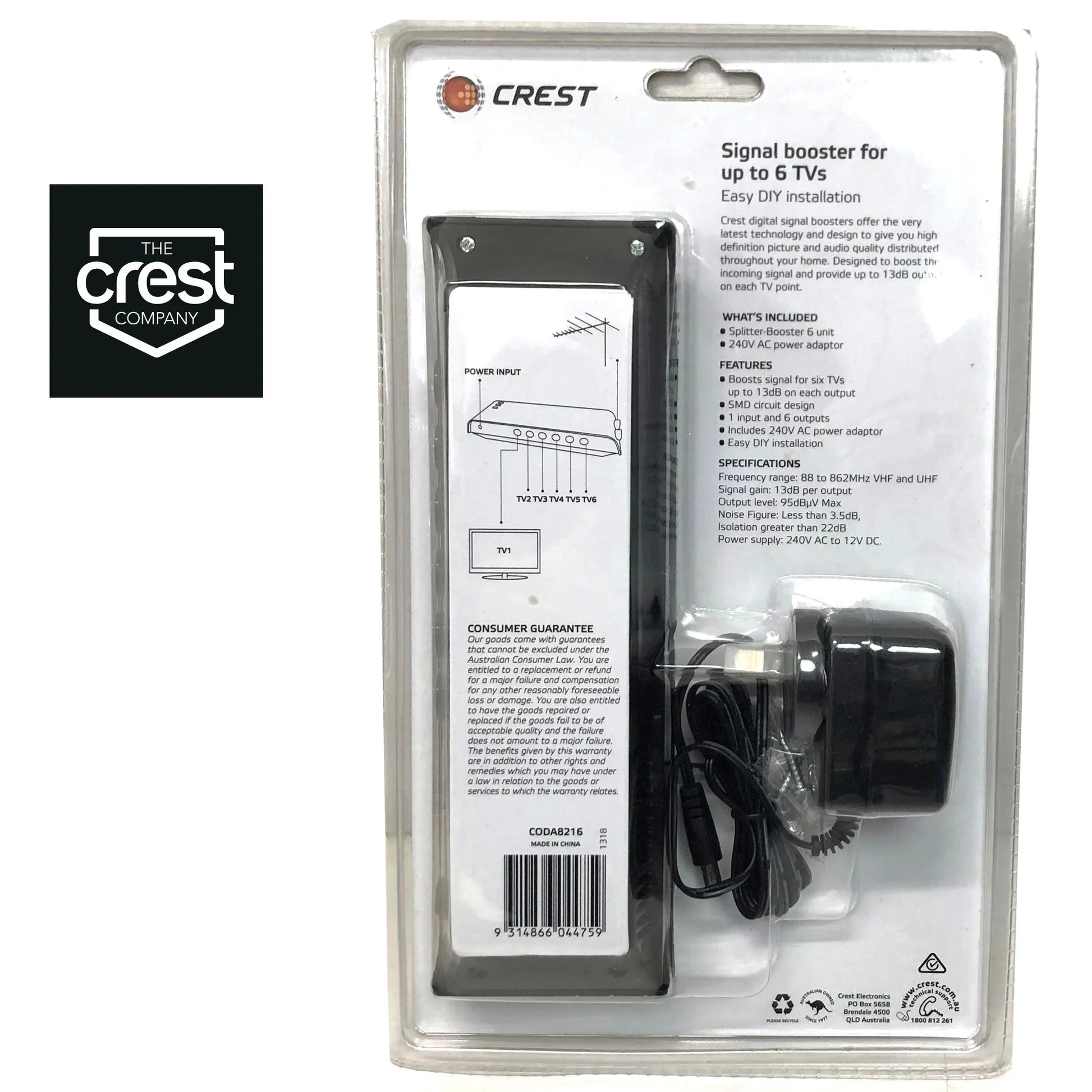 Crest UHF VHF Digital TV Signal Splitter Distributor 6 Outputs - Mekamart Australia