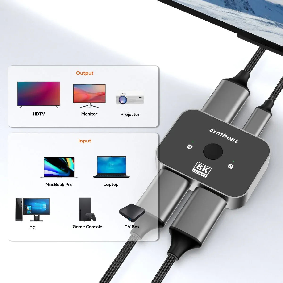 mbeat 8K Bi-directional HDMI 2.1 Switch 2 In 1 Out/1 In 2 Out - Mekamart Australia