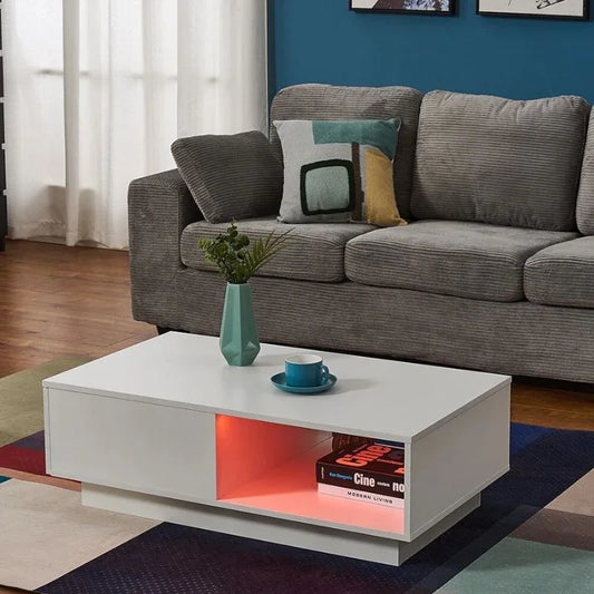 LED High Gloss Top White Coffee Table With Single Drawer - Mekamart Australia