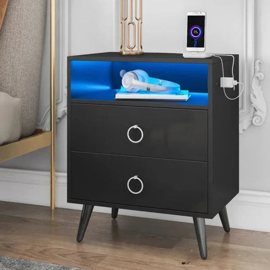 Amelia Modern LED Bedside table with USB and power socket Black - Mekamart Australia