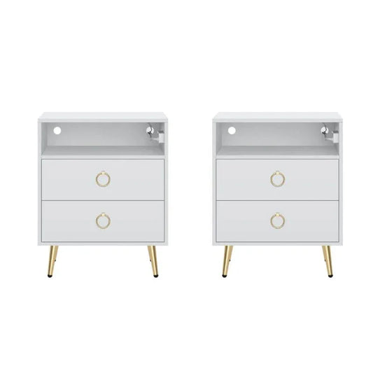 Amelia Modern LED Bedside table with USB and power socket white x 2 - Mekamart Australia