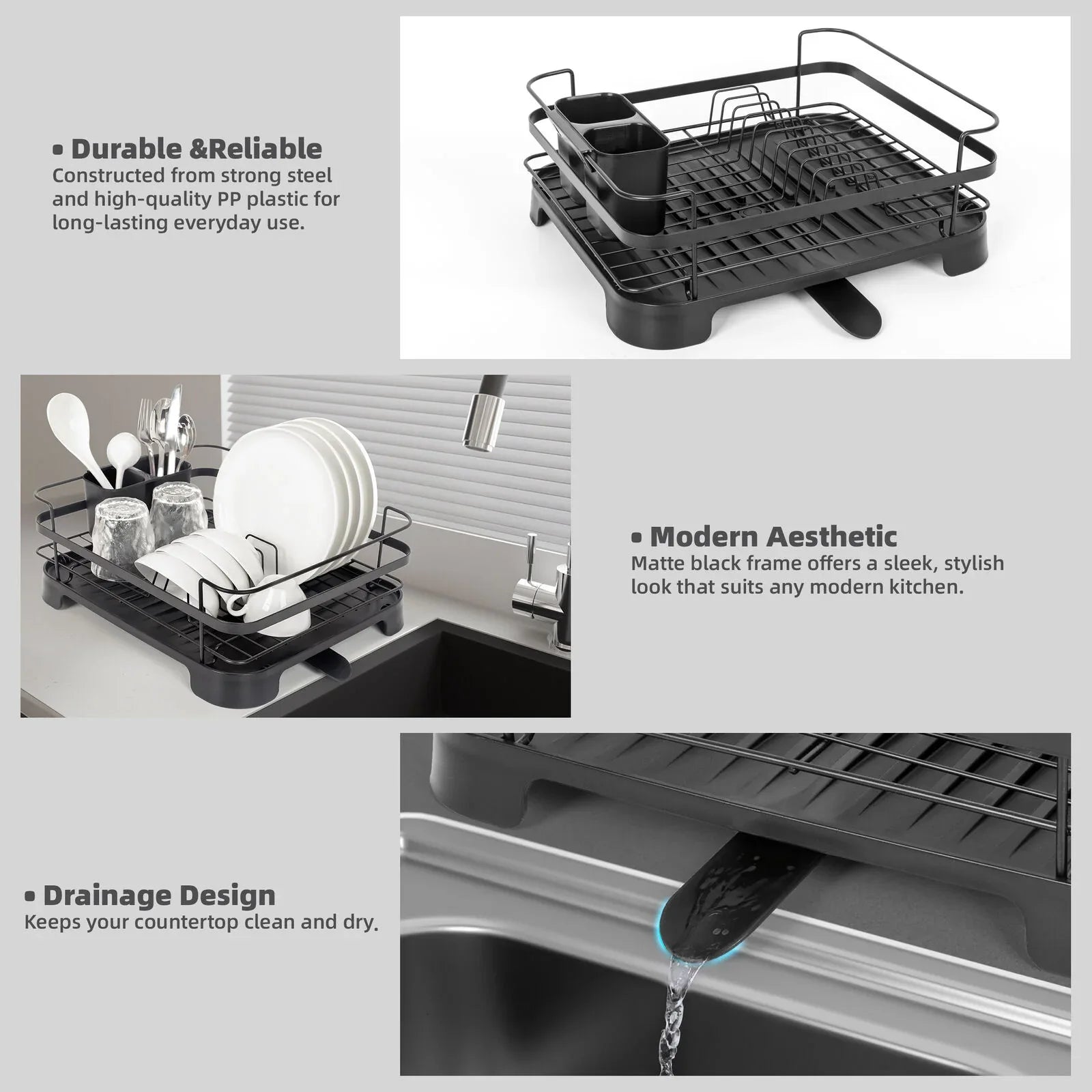 Steel Frame Dish Drying Rack Durable Steel Frame, Removable Utensil Holder, Compact Size for Small Kitchens & Apartments - Mekamart Australia