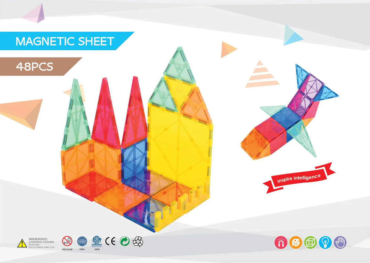 48 Pcs non-toxic STEM Educational, Durable Magnetic Tiles/Puzzle with Storage Bag - Mekamart Australia