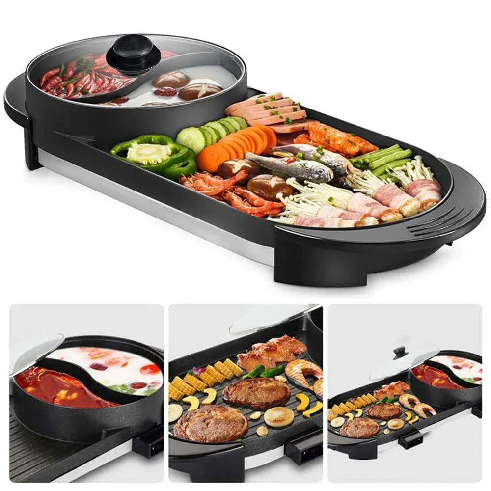 2-IN-1 Electric Hot Pot BBQ Oven Smokeless Non Stick Barbecue Hotpot Grill Pan - Mekamart Australia