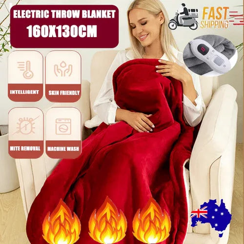 Double-side Flannel Heated Electric Throw Rug Blanket Fast Heating Warm Washable RED - Mekamart Australia