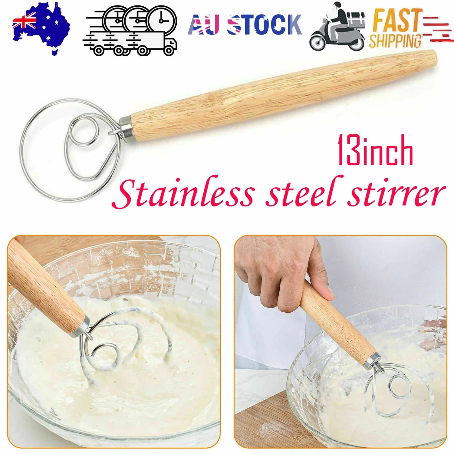 13 INCHES BAKING DOUGH STAINLESS STEEL LARGE WIRE WHISK MIXER BREAD COOKING TOOL - Mekamart Australia