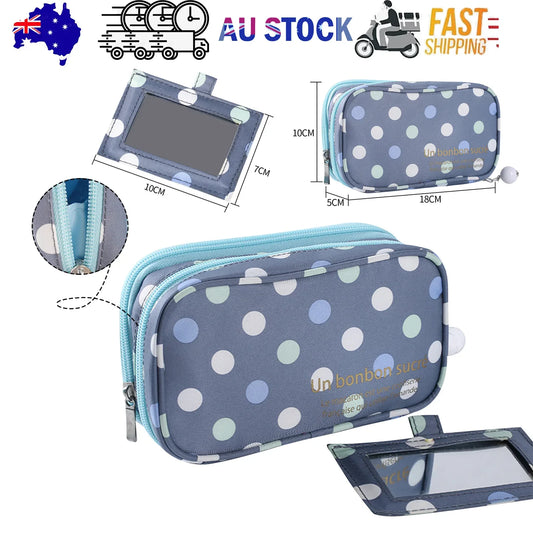 2 Layer Makeup Bag w/ Mirror Travel Cosmetic Bag Organizer Brush Slots Portable - Mekamart Australia
