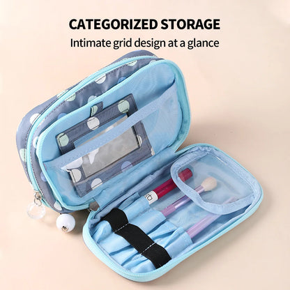 2 Layer Makeup Bag w/ Mirror Travel Cosmetic Bag Organizer Brush Slots Portable - Mekamart Australia