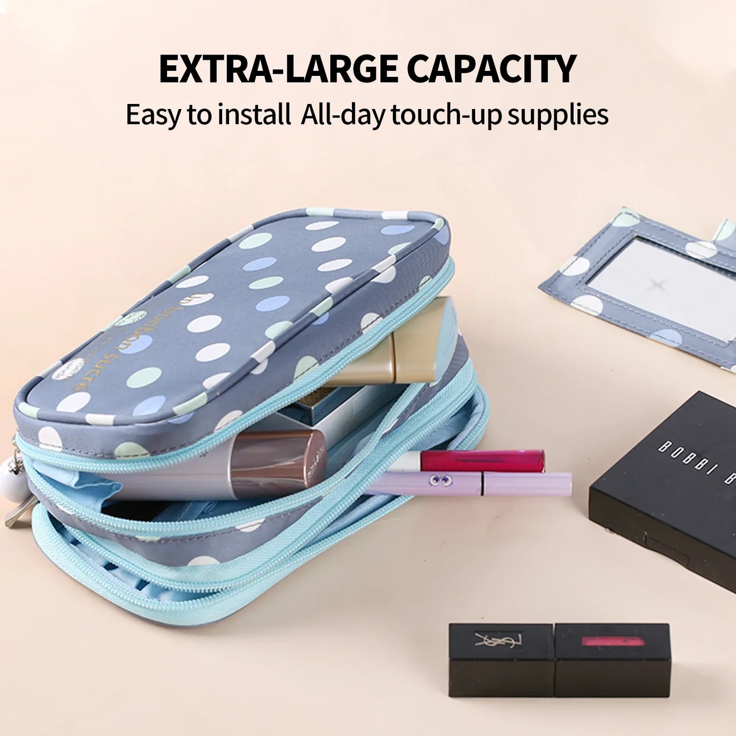 2 Layer Makeup Bag w/ Mirror Travel Cosmetic Bag Organizer Brush Slots Portable - Mekamart Australia