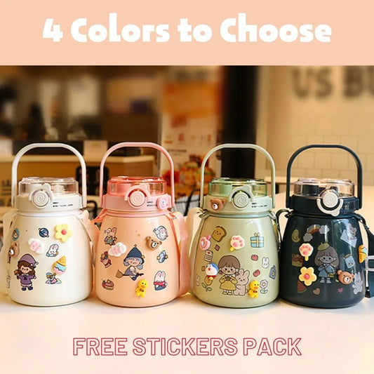 1000ml Large Water Bottle Stainless Steel Straw Water Jug with FREE Sticker Packs (Pink) - Mekamart Australia