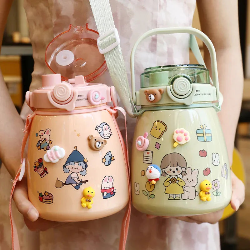 1000ml Large Water Bottle Stainless Steel Straw Water Jug with FREE Sticker Packs (Pink) - Mekamart Australia