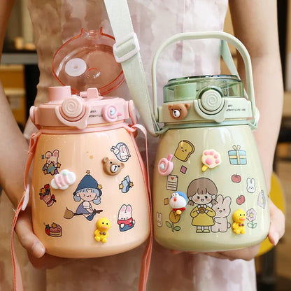 1000ml Large Water Bottle Stainless Steel Straw Water Jug with FREE Sticker Packs (Pink) - Mekamart Australia
