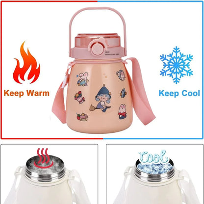1000ml Large Water Bottle Stainless Steel Straw Water Jug with FREE Sticker Packs (Pink) - Mekamart Australia