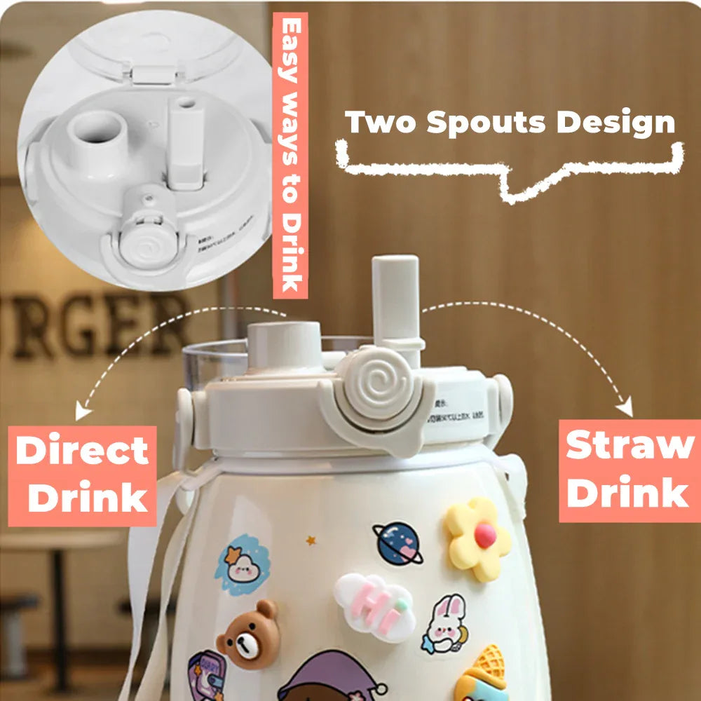 1000ml Large Water Bottle Stainless Steel Straw Water Jug with FREE Sticker Packs (Pink) - Mekamart Australia