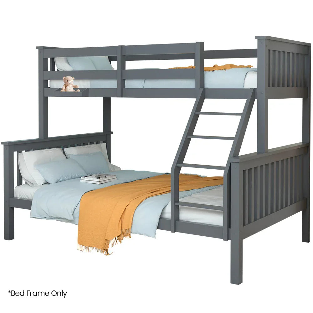 Kingston Slumber Bunk Bed Triple Wooden Single Over Double Beds for Kids, Solid Pine Wood, Convertible Design, Grey - Mekamart Australia