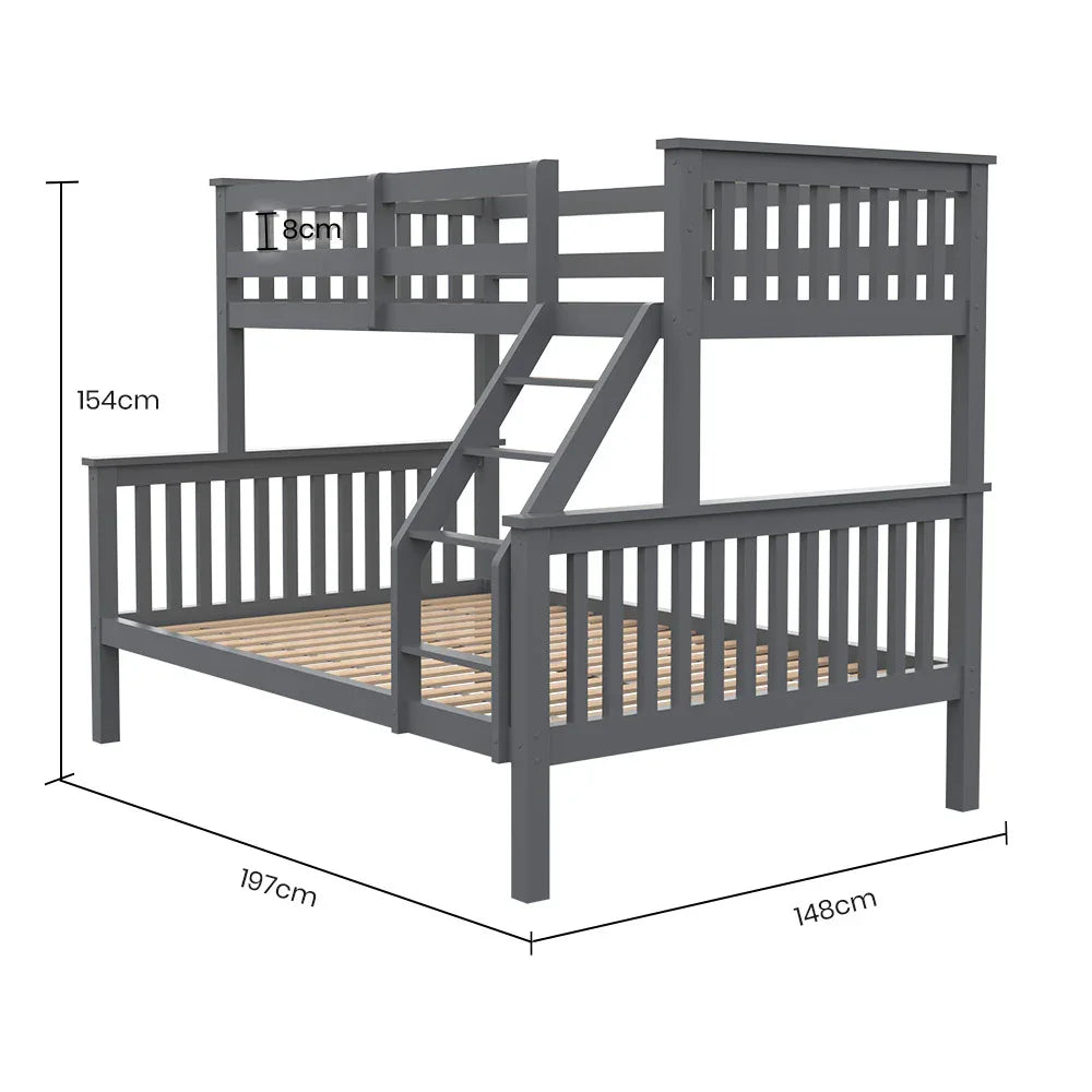 Kingston Slumber Bunk Bed Triple Wooden Single Over Double Beds for Kids, Solid Pine Wood, Convertible Design, Grey - Mekamart Australia