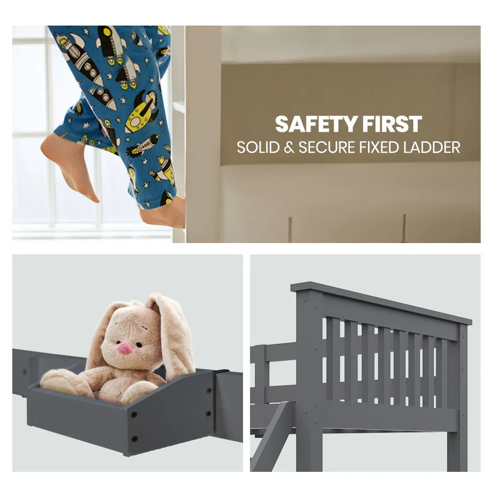 Kingston Slumber Bunk Bed Triple Wooden Single Over Double Beds for Kids, Solid Pine Wood, Convertible Design, Grey - Mekamart Australia