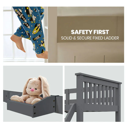 Kingston Slumber Bunk Bed Triple Wooden Single Over Double Beds for Kids, Solid Pine Wood, Convertible Design, Grey - Mekamart Australia