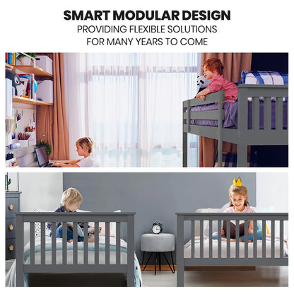 Kingston Slumber Bunk Bed Triple Wooden Single Over Double Beds for Kids, Solid Pine Wood, Convertible Design, Grey - Mekamart Australia