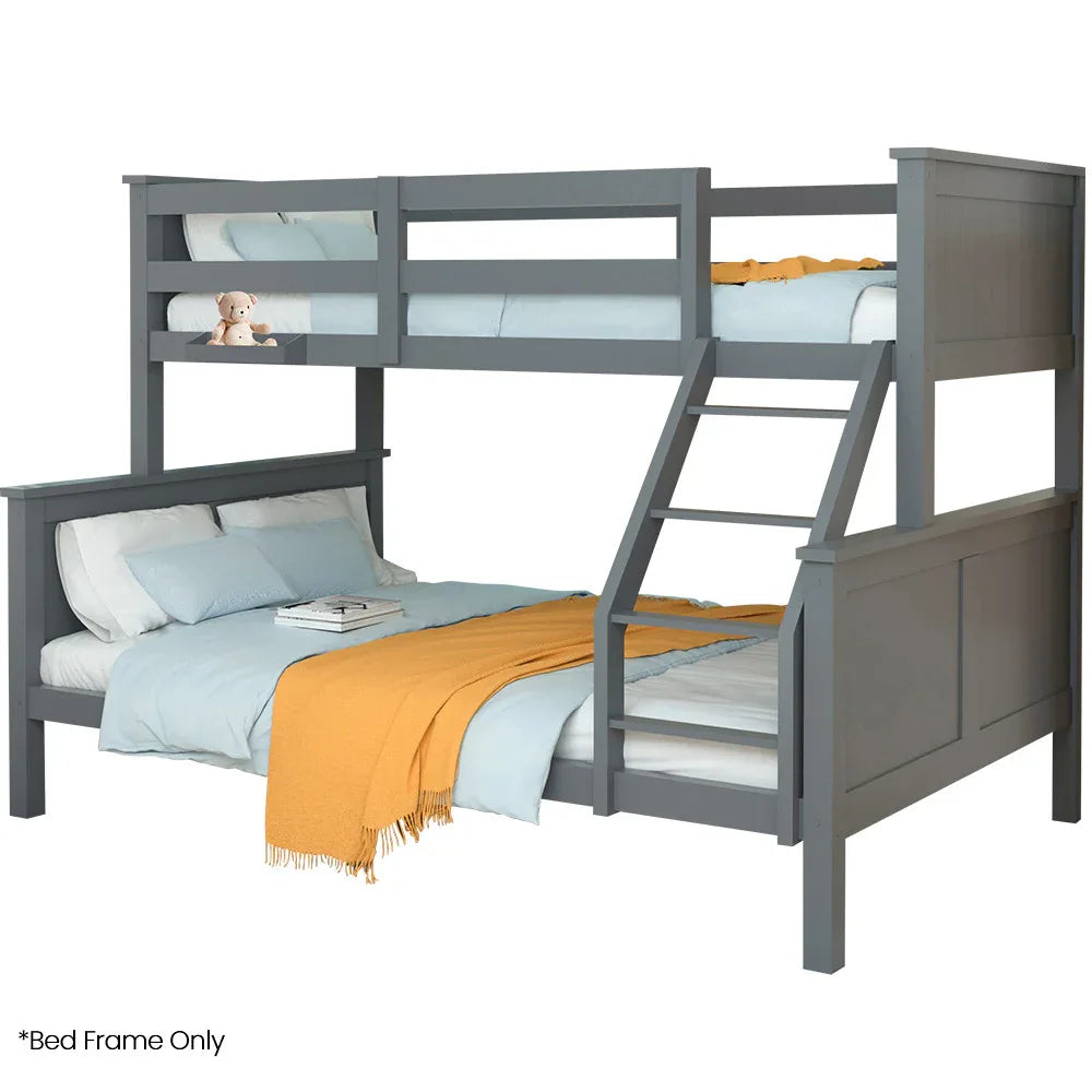 Kingston Slumber Triple Wooden Single Over Double Bunk Bed Frame for Kids, Convertible Design, Grey - Mekamart Australia