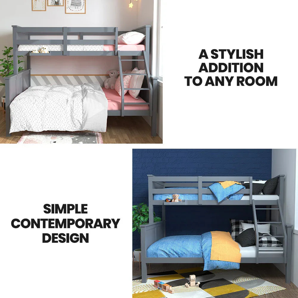Kingston Slumber Triple Wooden Single Over Double Bunk Bed Frame for Kids, Convertible Design, Grey - Mekamart Australia