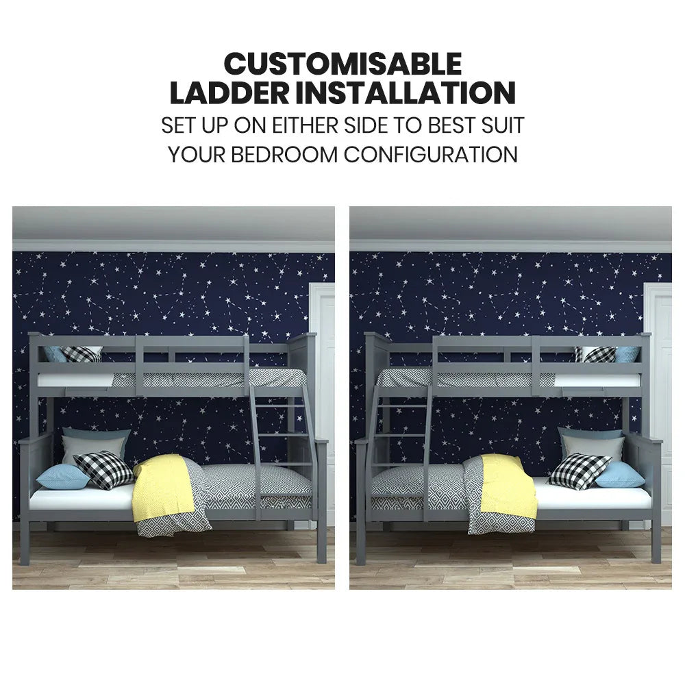 Kingston Slumber Triple Wooden Single Over Double Bunk Bed Frame for Kids, Convertible Design, Grey - Mekamart Australia