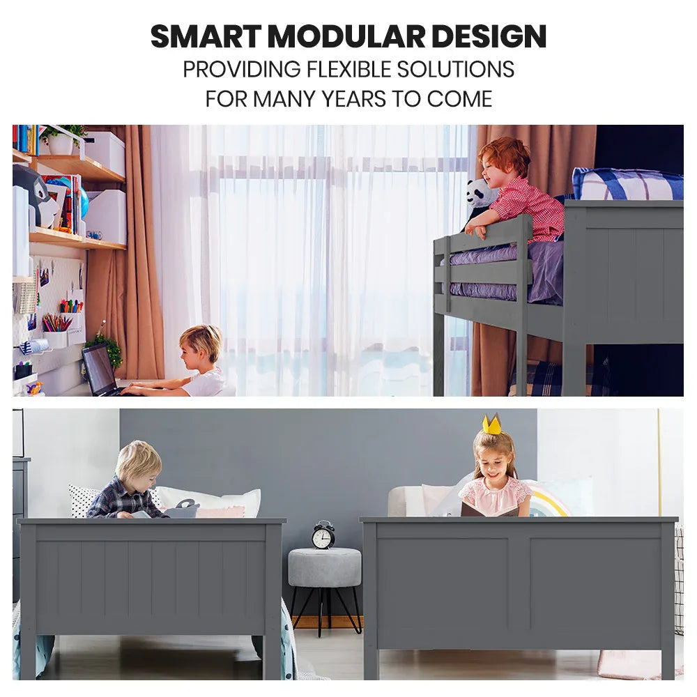 Kingston Slumber Triple Wooden Single Over Double Bunk Bed Frame for Kids, Convertible Design, Grey - Mekamart Australia