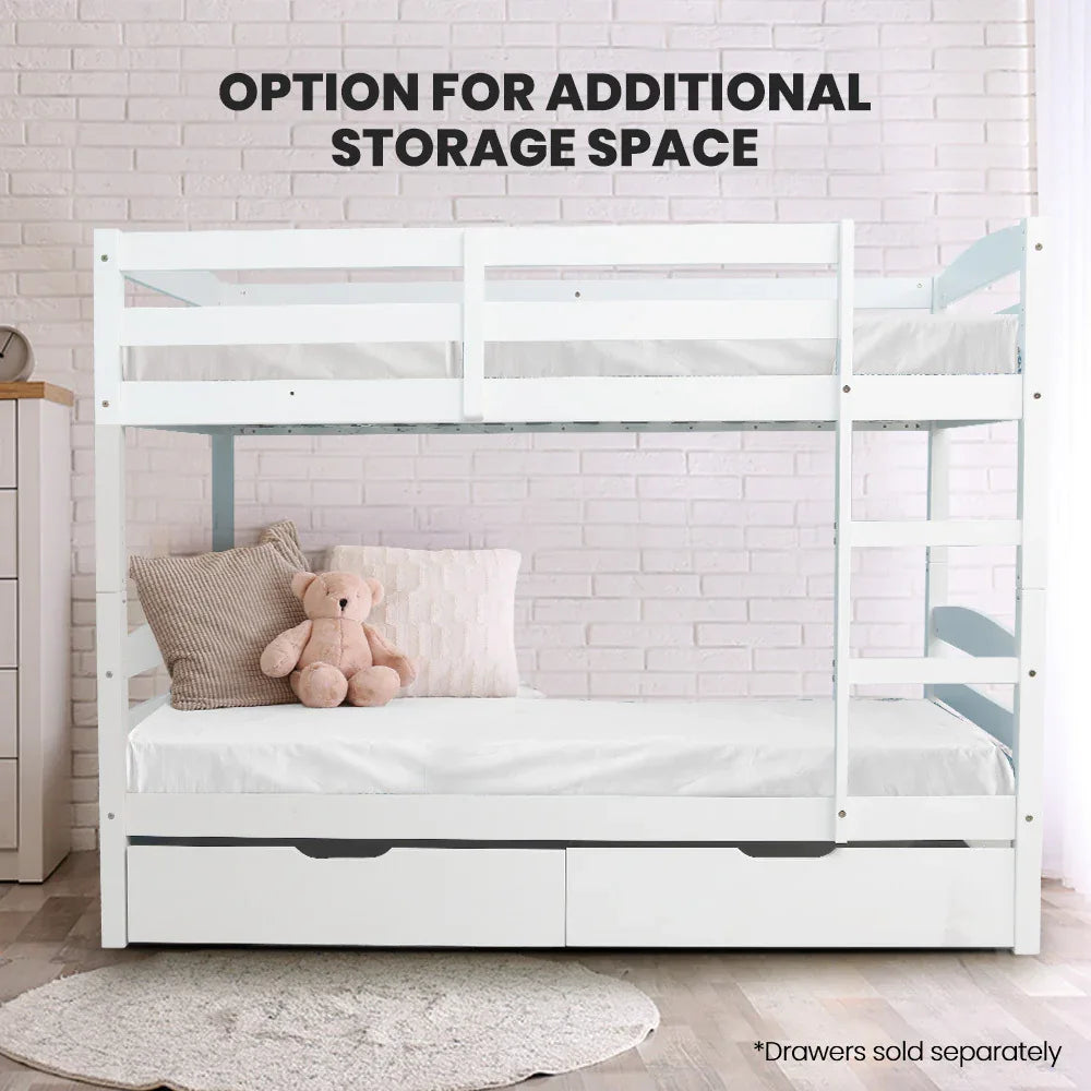KINGSTON SLUMBER Single Bunk Bed Frame, Solid Pine 2-in-1 Modular Design, White - Mekamart Australia