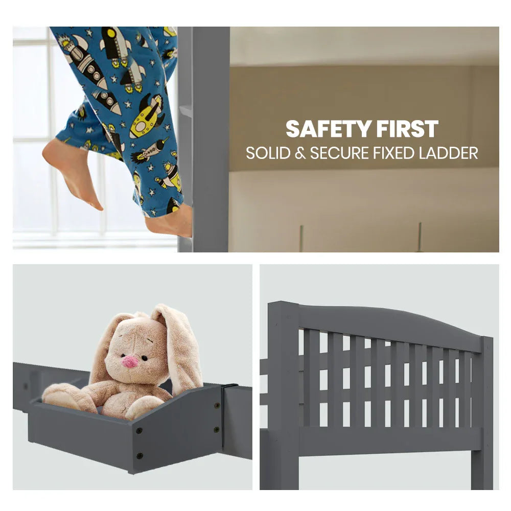 Kingston Slumber Single Bunk Bed Frame Solid Pine Wood Timber, Modular Design, Grey - Mekamart Australia