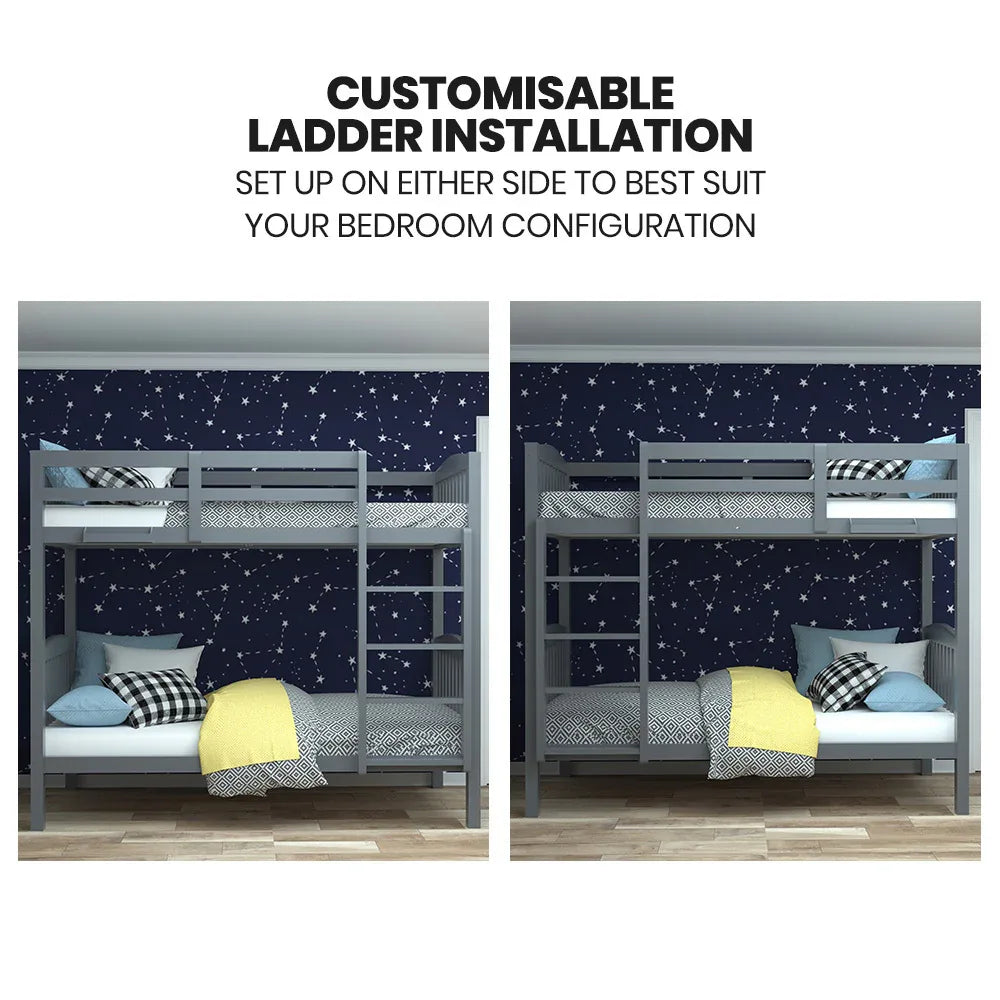 Kingston Slumber Single Bunk Bed Frame Solid Pine Wood Timber, Modular Design, Grey - Mekamart Australia