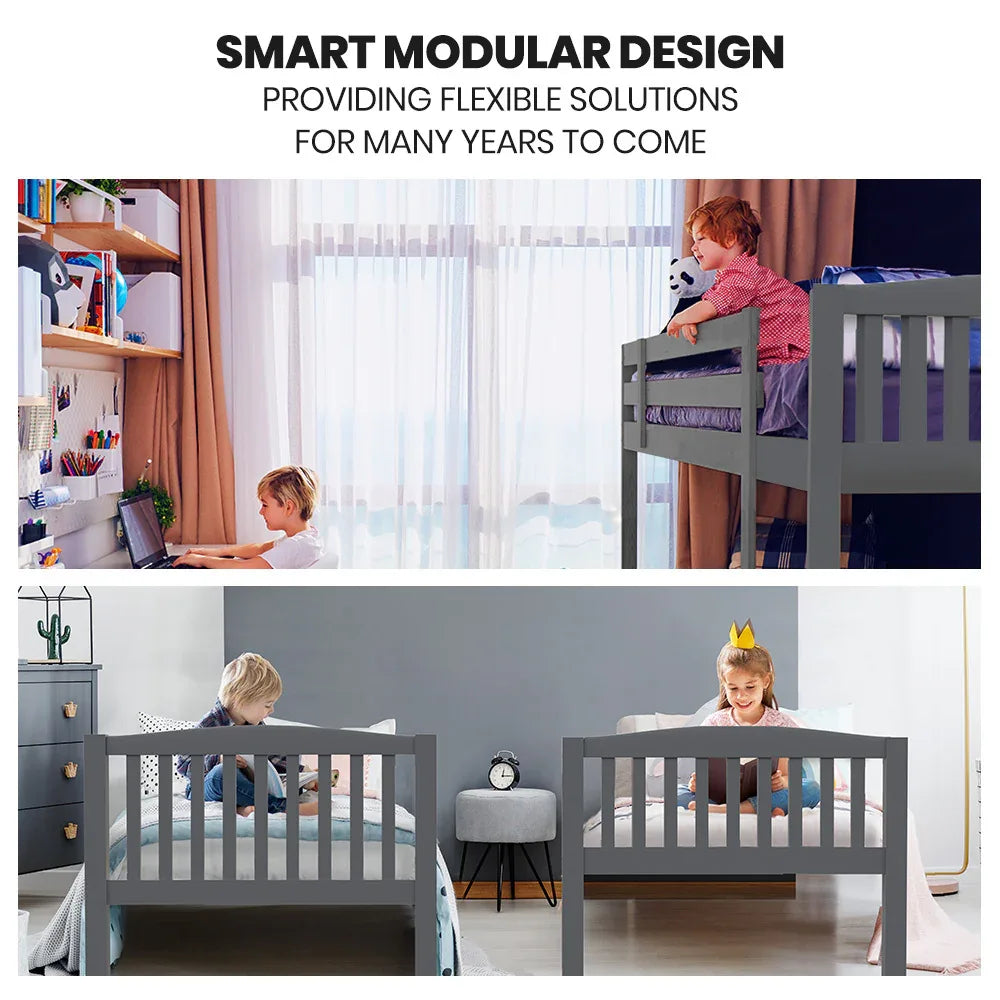 Kingston Slumber Single Bunk Bed Frame Solid Pine Wood Timber, Modular Design, Grey - Mekamart Australia
