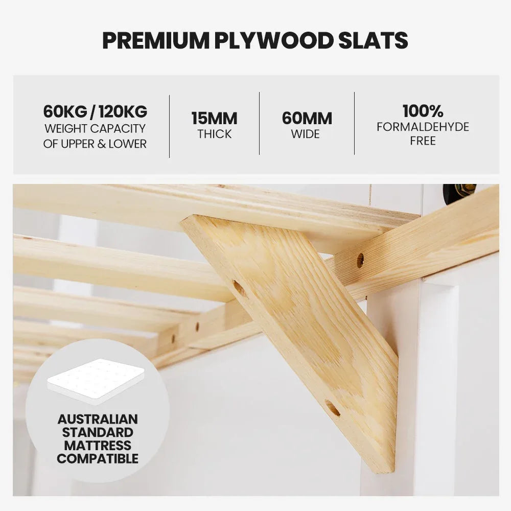 Kingston Slumber Wooden Kids Bunk Bed Frame, with Modular Design that can convert to 2 Single, White - Mekamart Australia