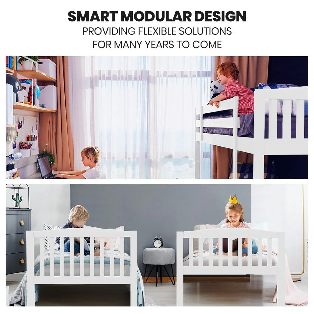 Kingston Slumber Wooden Kids Bunk Bed Frame, with Modular Design that can convert to 2 Single, White - Mekamart Australia