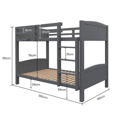 KINGSTON SLUMBER Single Bunk Bed Frame, Solid Pine 2-in-1 Modular Design Convert to 2 Single Beds, Grey - Mekamart Australia