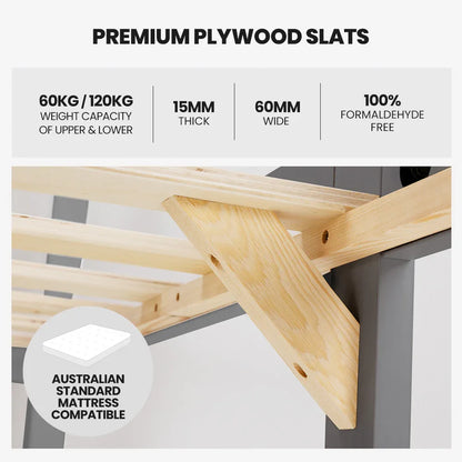 KINGSTON SLUMBER Single Bunk Bed Frame, Solid Pine 2-in-1 Modular Design Convert to 2 Single Beds, Grey - Mekamart Australia