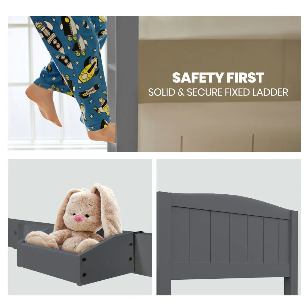 KINGSTON SLUMBER Single Bunk Bed Frame, Solid Pine 2-in-1 Modular Design Convert to 2 Single Beds, Grey - Mekamart Australia
