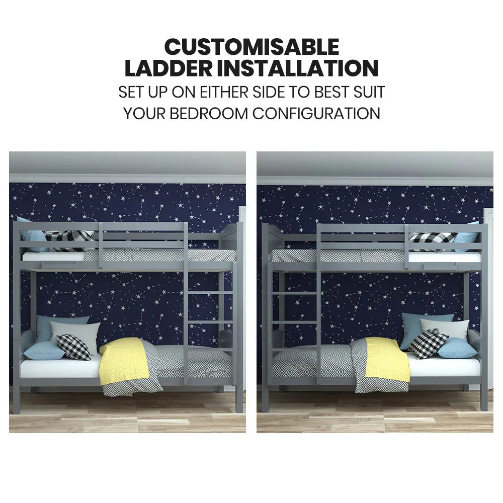 KINGSTON SLUMBER Single Bunk Bed Frame, Solid Pine 2-in-1 Modular Design Convert to 2 Single Beds, Grey - Mekamart Australia