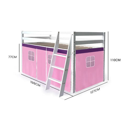 Kingston Slumber Wooden Kids Single Loft Bed Frame - Hiding Space Underneath with Interchangeable Pink and Blue Curtains - Mekamart Australia