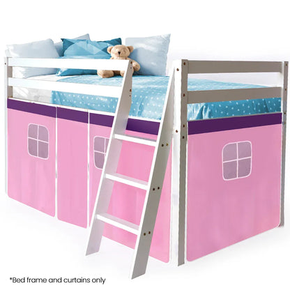 Kingston Slumber Wooden Kids Single Loft Bed Frame - Hiding Space Underneath with Interchangeable Pink and Blue Curtains - Mekamart Australia
