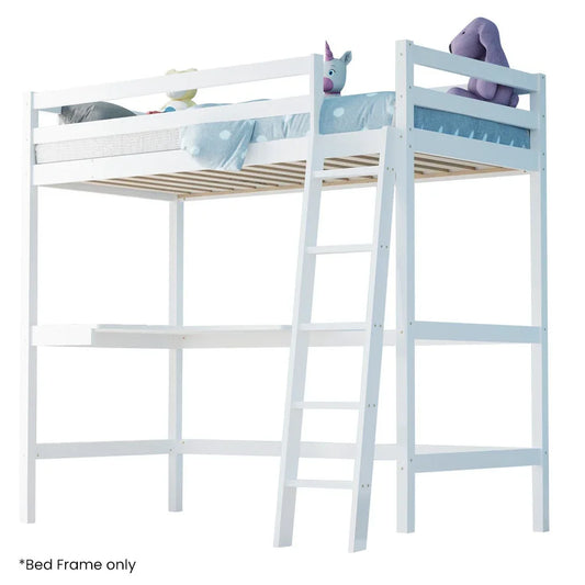 KINGSTON SLUMBER Wooden Kids Single Loft Bed Frame with Desk - White - Mekamart Australia