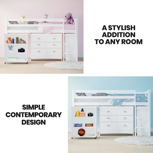 KINGSTON SLUMBER Wooden Kids Single Loft Bed Frame with Pull Out Desk, Storage Drawers, Cabinet - White - Mekamart Australia