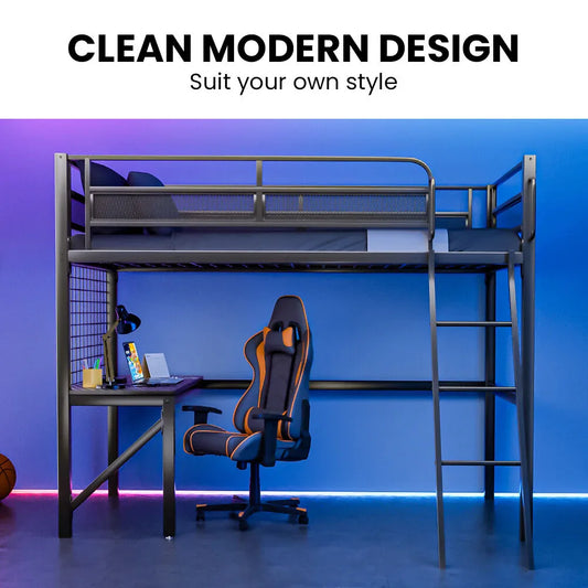 Gaming Loft Bed with Desk, Gridwall, Steel Metal Frame, Space Saving Design, for Single Mattress, Matte Dark Grey - Mekamart Australia